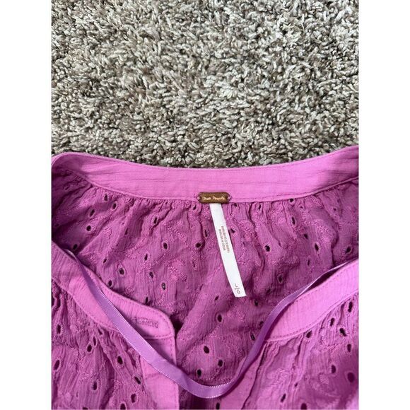 Free People Maddison Eyelet Blouse Orchid L Button Front Long Sleeve Oversized - Picture 6 of 16